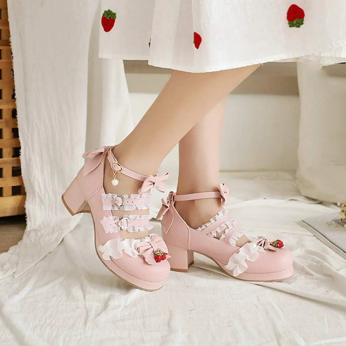 VOKLIN Women's Girls Lolita Mary Jane Shoes Sweet Bow Lace Ankle Strap Low Heel Princess Oxford Dress Pumps