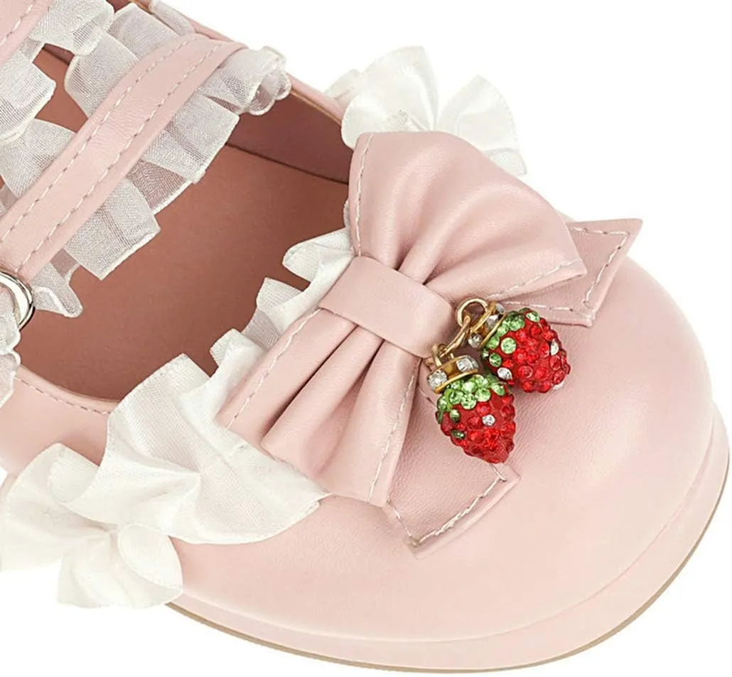 VOKLIN Women's Girls Lolita Mary Jane Shoes Sweet Bow Lace Ankle Strap Low Heel Princess Oxford Dress Pumps