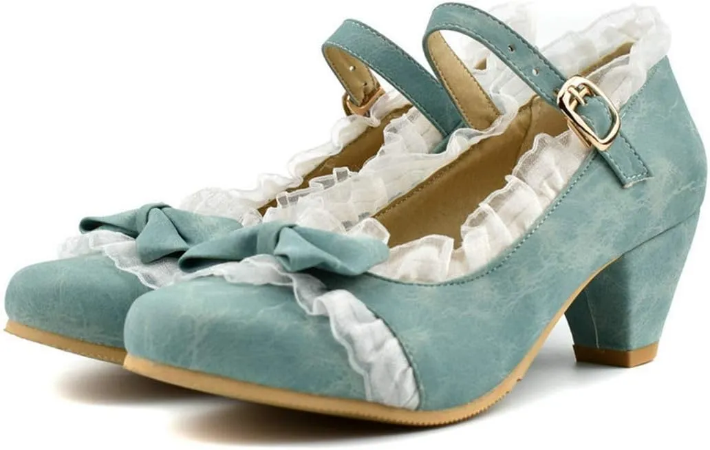 VOKLIN Women's Girls Lolita Mary Jane Shoes Sweet Bow Lace Ankle Strap Low Heel Princess Oxford Dress Pumps