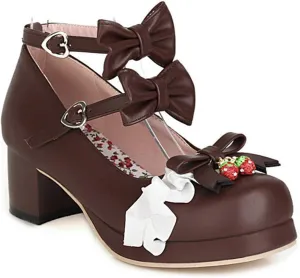 VOKLIN Women's Girls Lolita Mary Jane Shoes with Bow Ankle Strap Mid Heel Cosplay Princess Oxford Dress Pumps