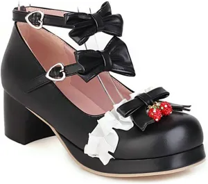 VOKLIN Women's Girls Lolita Mary Jane Shoes with Bow Ankle Strap Mid Heel Cosplay Princess Oxford Dress Pumps