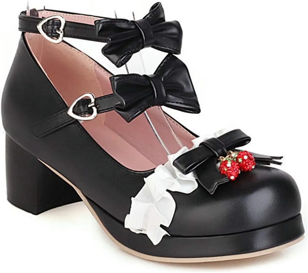 VOKLIN Women's Girls Lolita Mary Jane Shoes with Bow Ankle Strap Mid Heel Cosplay Princess Oxford Dress Pumps