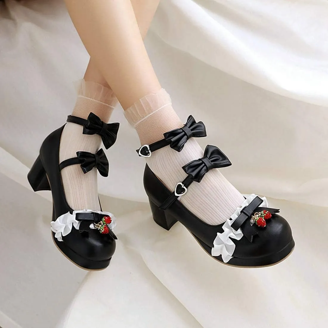 VOKLIN Women's Girls Lolita Mary Jane Shoes with Bow Ankle Strap Mid Heel Cosplay Princess Oxford Dress Pumps