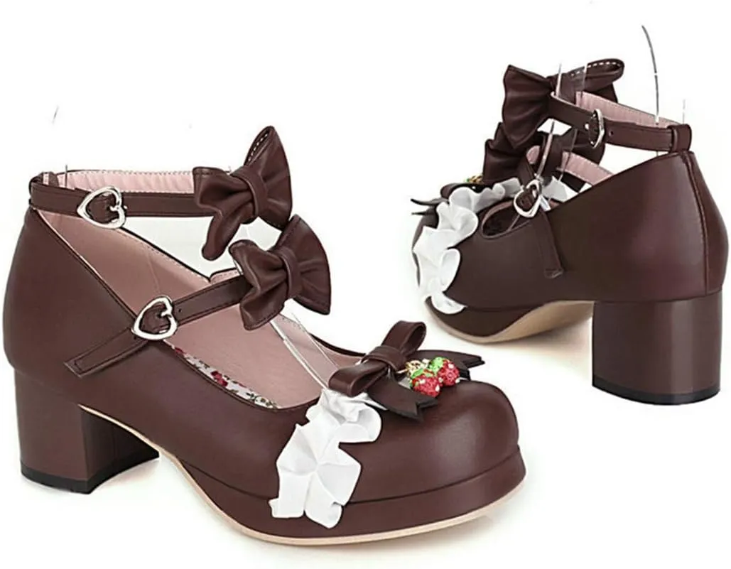 VOKLIN Women's Girls Lolita Mary Jane Shoes with Bow Ankle Strap Mid Heel Cosplay Princess Oxford Dress Pumps