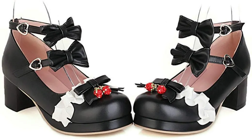 VOKLIN Women's Girls Lolita Mary Jane Shoes with Bow Ankle Strap Mid Heel Cosplay Princess Oxford Dress Pumps