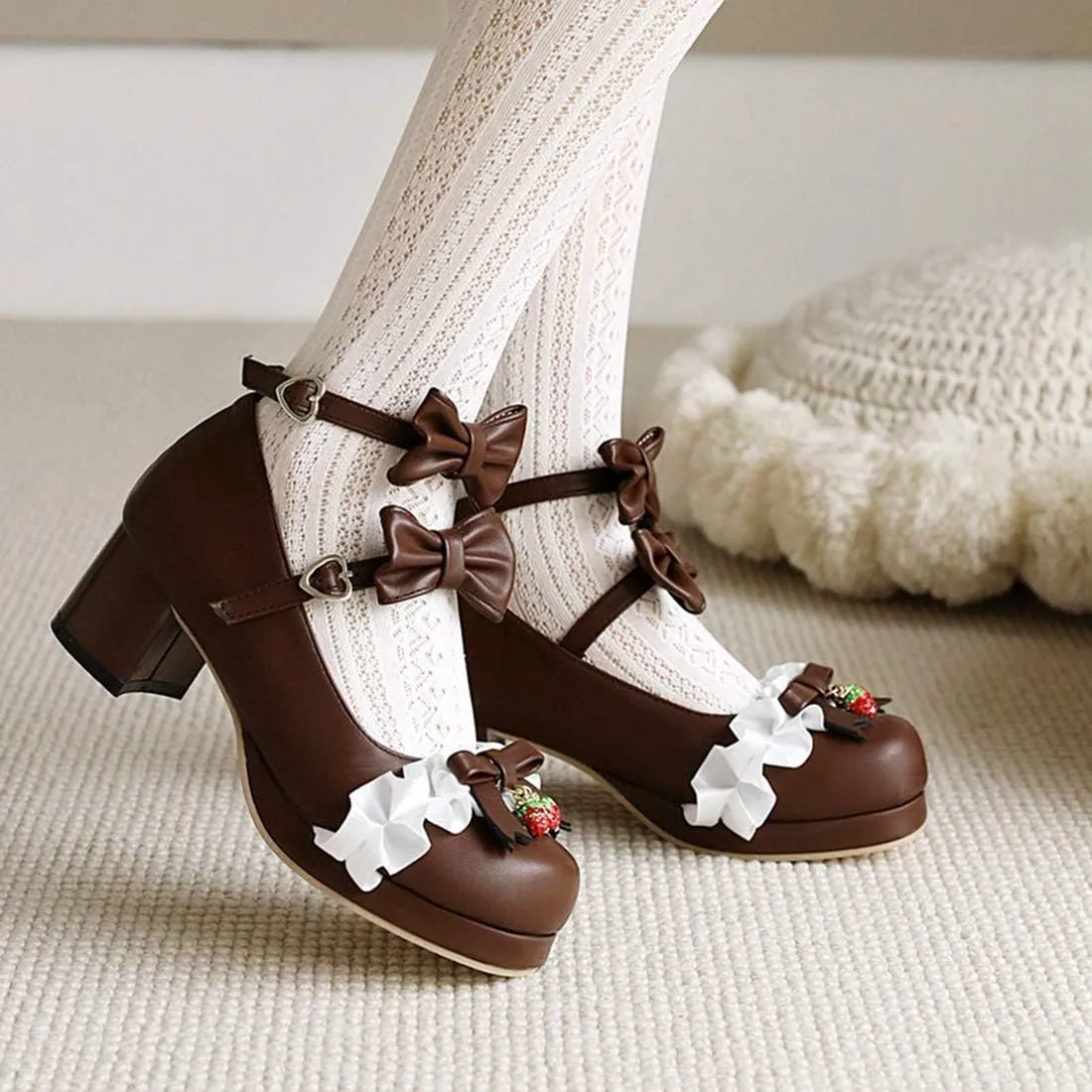 VOKLIN Women's Girls Lolita Mary Jane Shoes with Bow Ankle Strap Mid Heel Cosplay Princess Oxford Dress Pumps