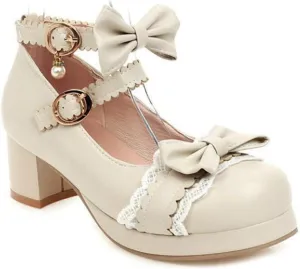 VOKLIN Women's Girls Lolita Mary Janes Pumps Cute Bow Ankle Strap Block Mid Heel Princess Oxford Dress Shoes