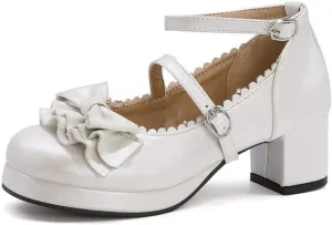 VOKLIN Women's Girls Lolita Mary Janes Pumps Princess Sweet Bow Ankle Strap Block Mid Heel Oxford Dress Shoes