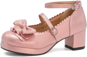 VOKLIN Women's Girls Lolita Mary Janes Pumps Princess Sweet Bow Ankle Strap Block Mid Heel Oxford Dress Shoes