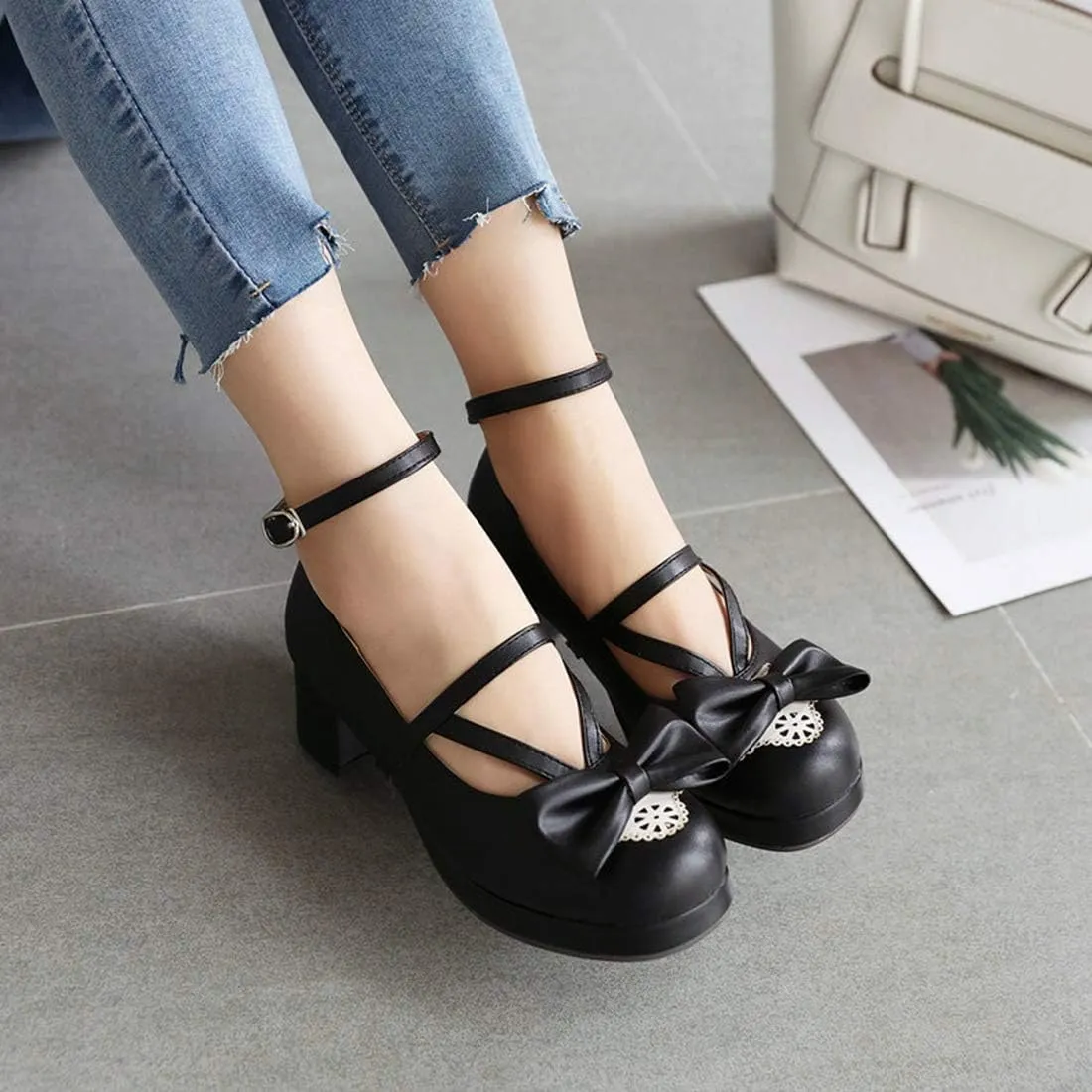 VOKLIN Women's Girls Lolita Mary Janes Pumps Sweet Bow Ankle Strap Platform Block Mid Heel Oxford Dress Shoes