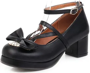 VOKLIN Women's Girls Lolita Mary Janes Pumps Sweet Bow Ankle Strap Platform Block Mid Heel Oxford Dress Shoes