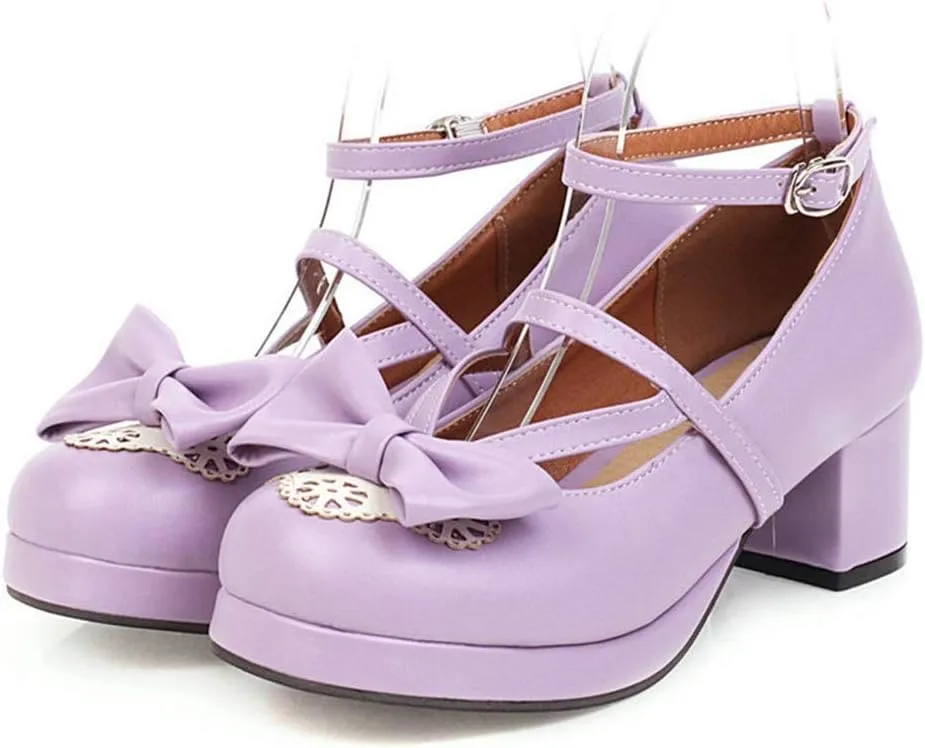 VOKLIN Women's Girls Lolita Mary Janes Pumps Sweet Bow Ankle Strap Platform Block Mid Heel Oxford Dress Shoes