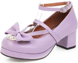 VOKLIN Women's Girls Lolita Mary Janes Pumps Sweet Bow Ankle Strap Platform Block Mid Heel Oxford Dress Shoes