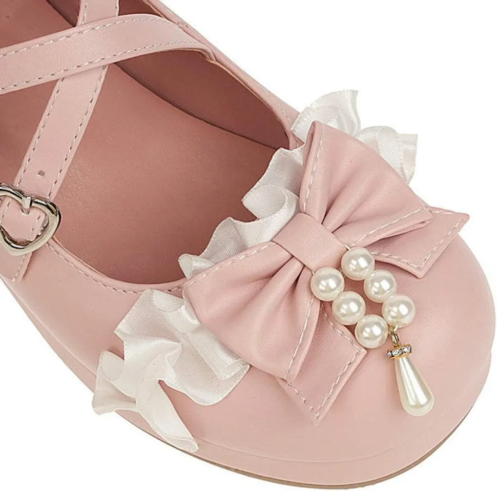 VOKLIN Women's Girls Lolita Mary Janes Pumps Sweet Bow Cross Ankle Strap Low Heels Cosplay Oxford Dress Shoes