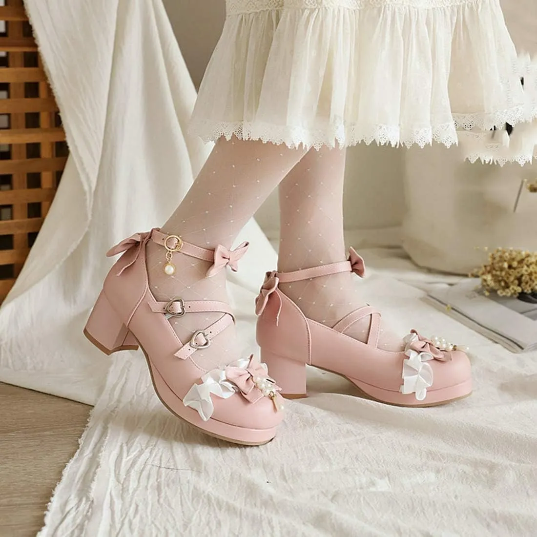 VOKLIN Women's Girls Lolita Mary Janes Pumps Sweet Bow Cross Ankle Strap Low Heels Cosplay Oxford Dress Shoes