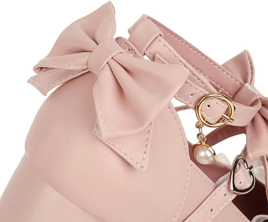 VOKLIN Women's Girls Lolita Mary Janes Pumps Sweet Bow Cross Ankle Strap Low Heels Cosplay Oxford Dress Shoes