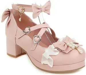 VOKLIN Women's Girls Lolita Mary Janes Pumps Sweet Bow Cross Ankle Strap Low Heels Cosplay Oxford Dress Shoes