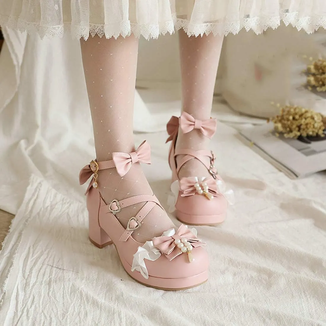 VOKLIN Women's Girls Lolita Mary Janes Pumps Sweet Bow Cross Ankle Strap Low Heels Cosplay Oxford Dress Shoes