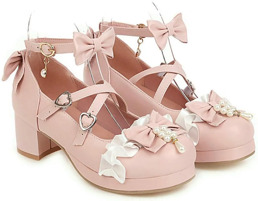 VOKLIN Women's Girls Lolita Mary Janes Pumps Sweet Bow Cross Ankle Strap Low Heels Cosplay Oxford Dress Shoes