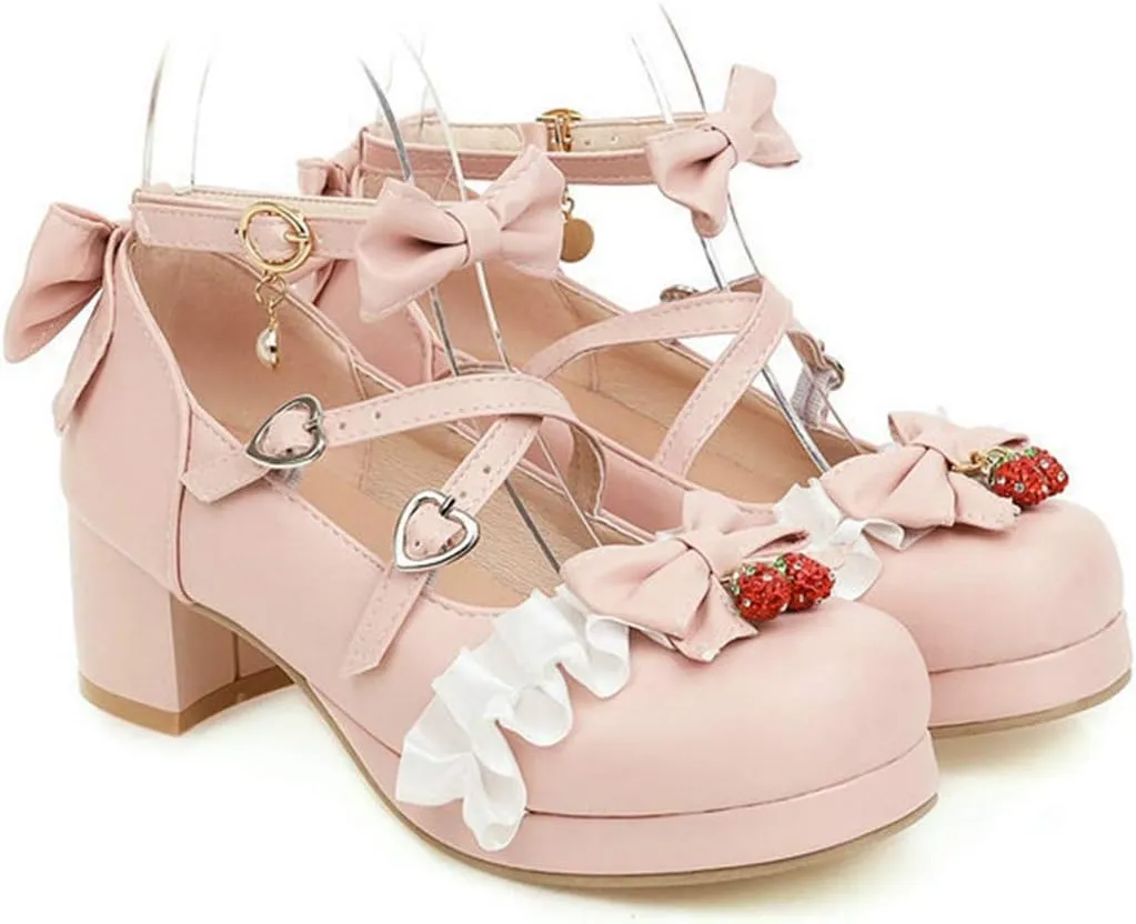 VOKLIN Women's Girls Lolita Mary Janes Pumps Sweet Bow Cross Ankle Strap Mid Heels Cosplay Oxford Dress Shoes