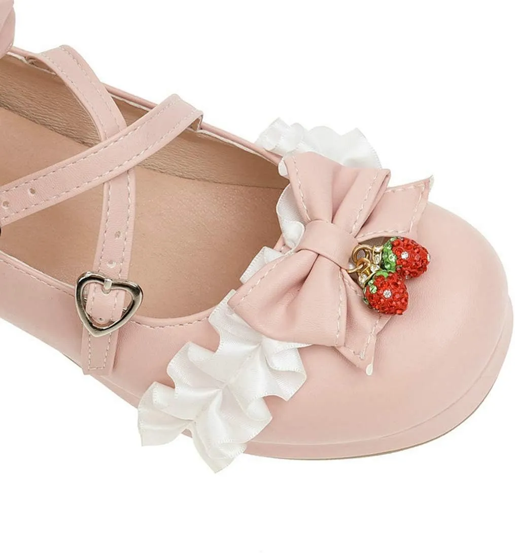 VOKLIN Women's Girls Lolita Mary Janes Pumps Sweet Bow Cross Ankle Strap Mid Heels Cosplay Oxford Dress Shoes
