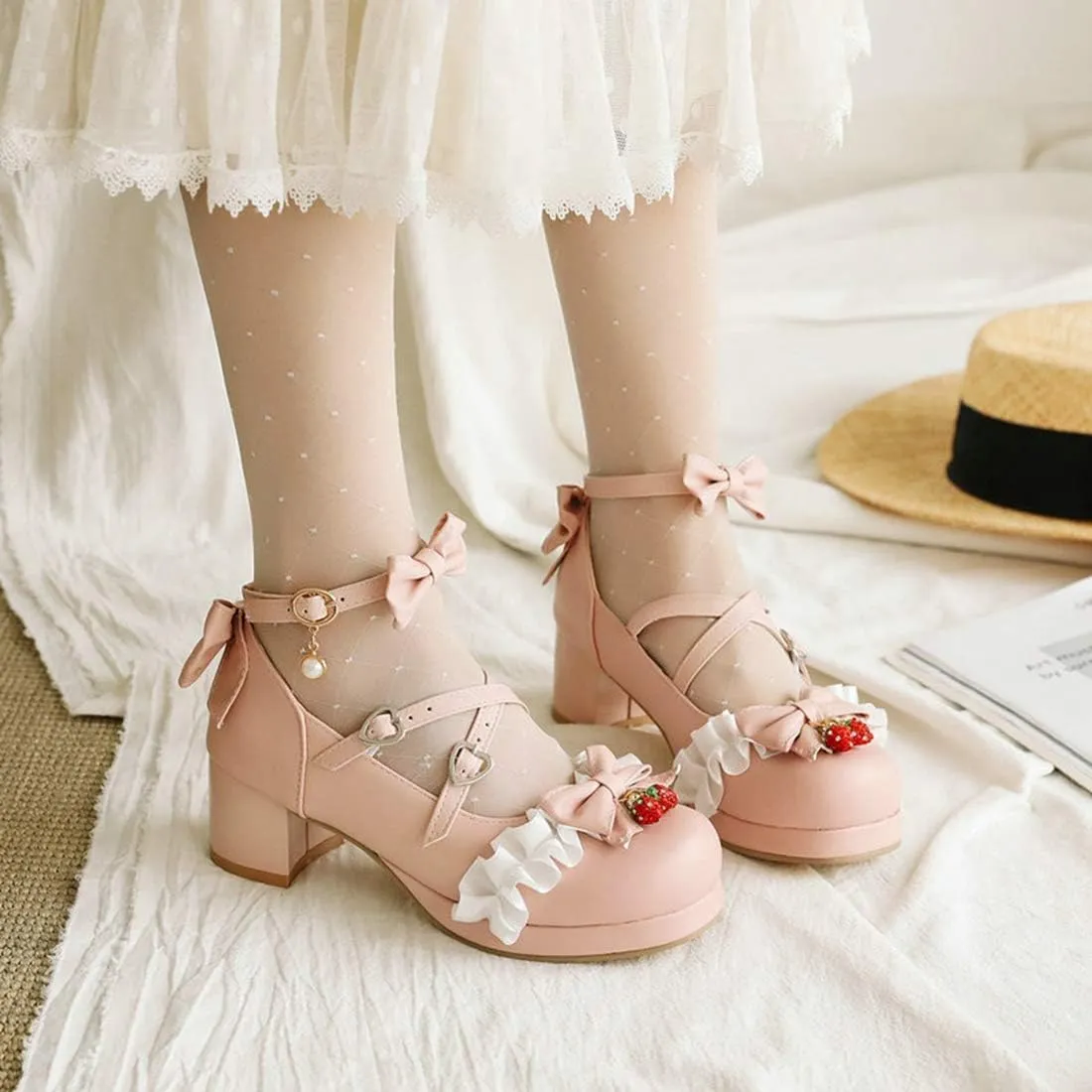 VOKLIN Women's Girls Lolita Mary Janes Pumps Sweet Bow Cross Ankle Strap Mid Heels Cosplay Oxford Dress Shoes