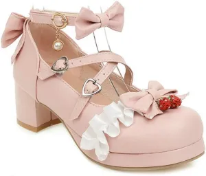 VOKLIN Women's Girls Lolita Mary Janes Pumps Sweet Bow Cross Ankle Strap Mid Heels Cosplay Oxford Dress Shoes