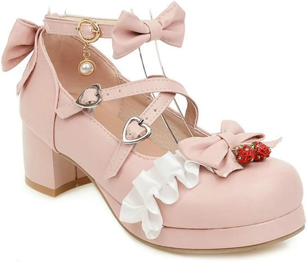 VOKLIN Women's Girls Lolita Mary Janes Pumps Sweet Bow Cross Ankle Strap Mid Heels Cosplay Oxford Dress Shoes