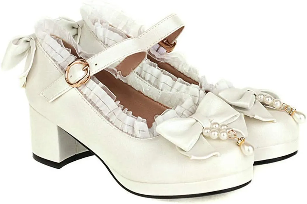 VOKLIN Women's Girls Lolita Mary Janes Pumps Sweet Bow Lace Ankle Strap Low Heels Princess Oxford Dress Shoes