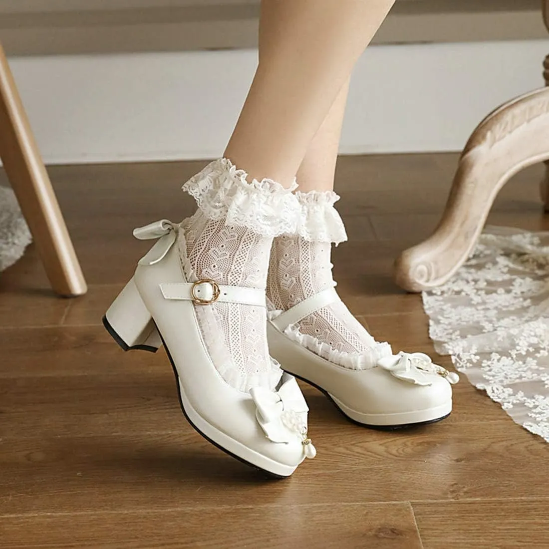 VOKLIN Women's Girls Lolita Mary Janes Pumps Sweet Bow Lace Ankle Strap Low Heels Princess Oxford Dress Shoes