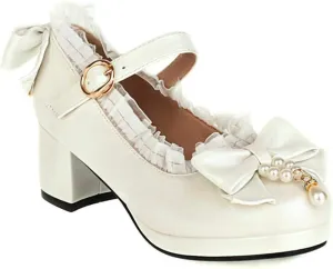 VOKLIN Women's Girls Lolita Mary Janes Pumps Sweet Bow Lace Ankle Strap Low Heels Princess Oxford Dress Shoes