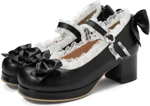VOKLIN Women's Girls Lolita Mary Janes Shoes Sweet Bow Lace Ankle Strap Mid Heel Cosplay Oxford Dress Pumps