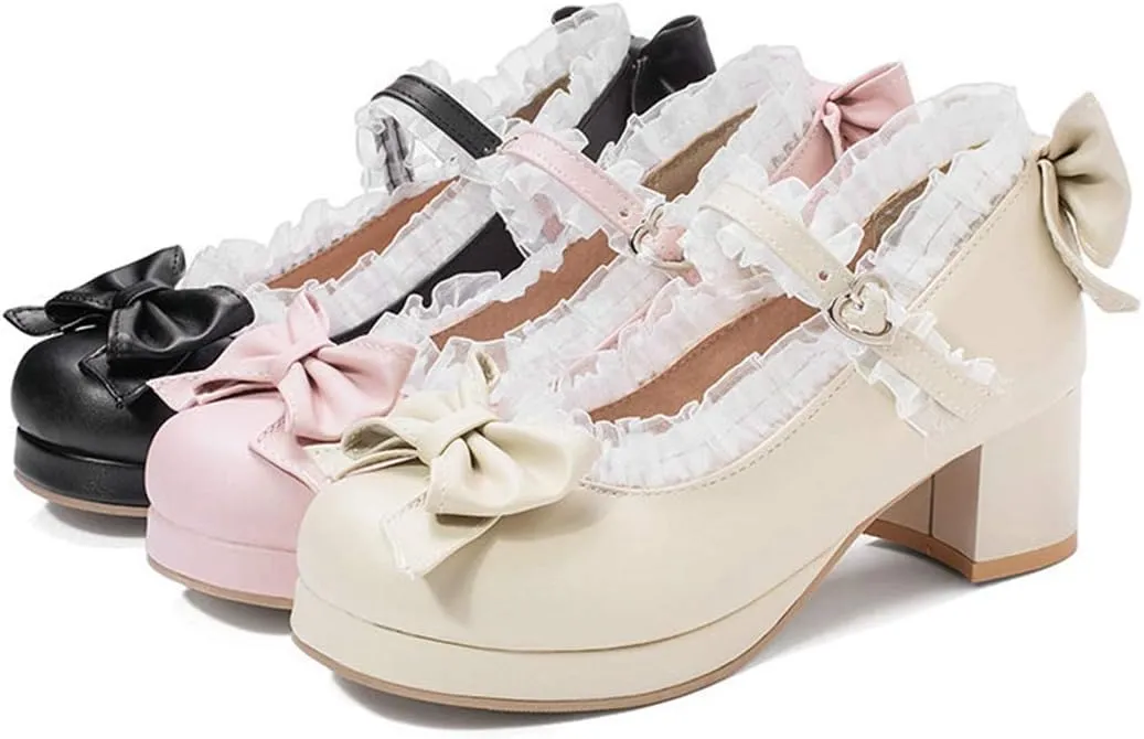 VOKLIN Women's Girls Lolita Mary Janes Shoes Sweet Bow Lace Ankle Strap Mid Heel Cosplay Oxford Dress Pumps