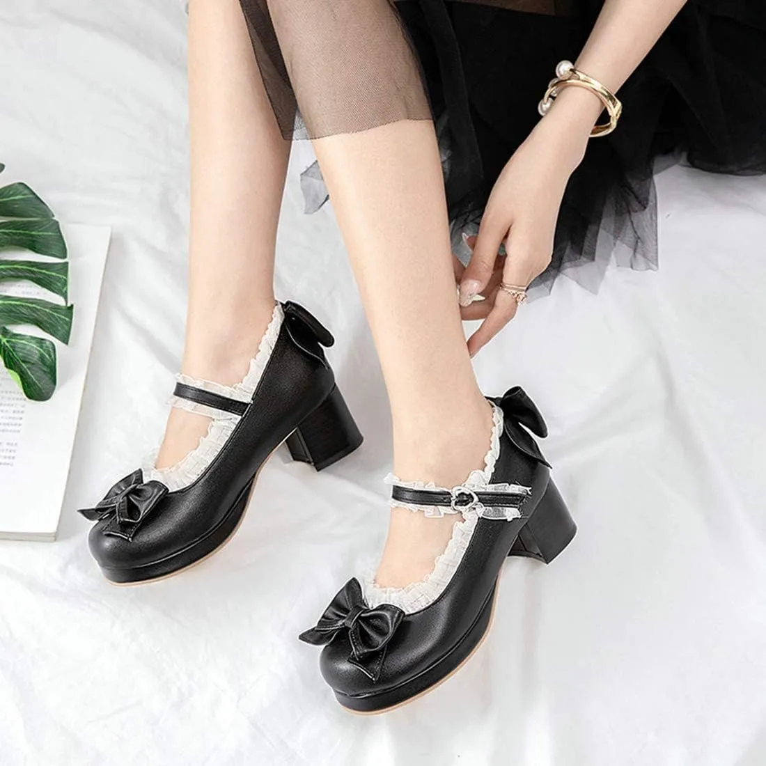 VOKLIN Women's Girls Lolita Mary Janes Shoes Sweet Bow Lace Ankle Strap Mid Heel Cosplay Oxford Dress Pumps