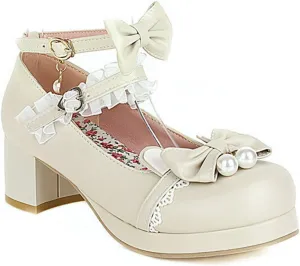 VOKLIN Women's Girls Lolita Mary Janes Shoes Sweet Bow Lace Ankle Strap Mid Heels Cosplay Oxford Dress Pumps
