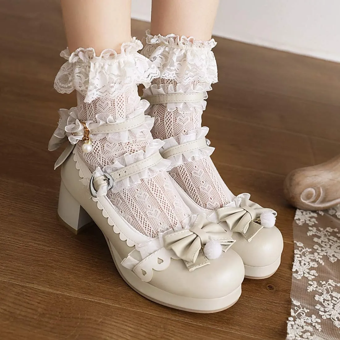 VOKLIN Women's Girls Lolita Mary Janes Shoes Sweet Bow Lace Ankle Strap Mid Heels Cosplay Oxford Dress Pumps