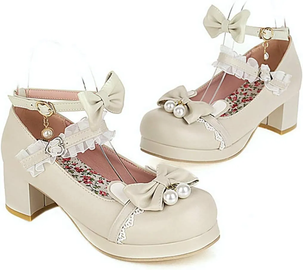 VOKLIN Women's Girls Lolita Mary Janes Shoes Sweet Bow Lace Ankle Strap Mid Heels Cosplay Oxford Dress Pumps