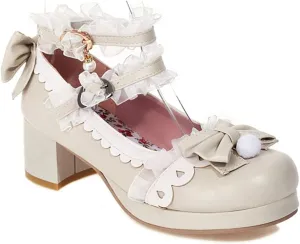 VOKLIN Women's Girls Lolita Mary Janes Shoes Sweet Bow Lace Ankle Strap Mid Heels Cosplay Oxford Dress Pumps