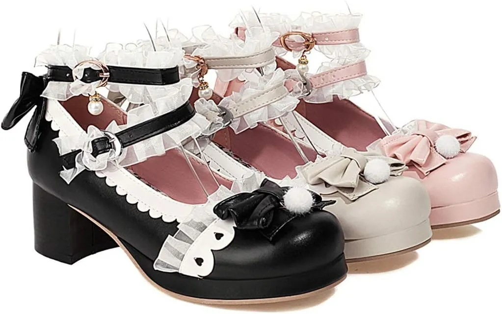 VOKLIN Women's Girls Lolita Mary Janes Shoes Sweet Bow Lace Ankle Strap Mid Heels Cosplay Oxford Dress Pumps