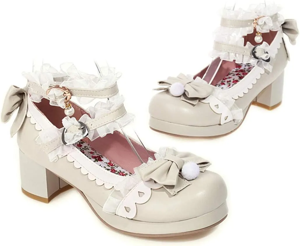 VOKLIN Women's Girls Lolita Mary Janes Shoes Sweet Bow Lace Ankle Strap Mid Heels Cosplay Oxford Dress Pumps