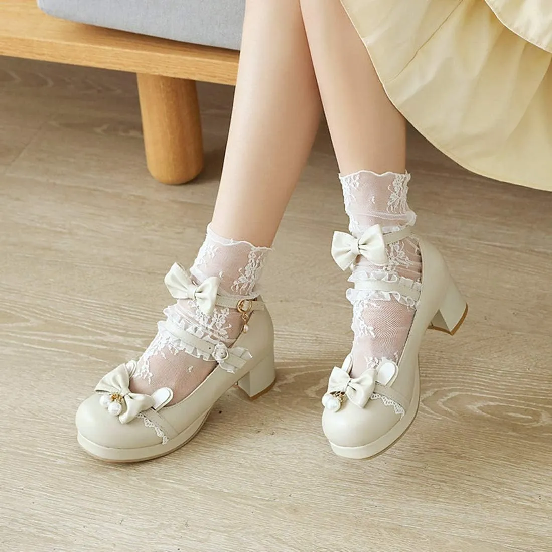 VOKLIN Women's Girls Lolita Mary Janes Shoes Sweet Bow Lace Ankle Strap Mid Heels Cosplay Oxford Dress Pumps