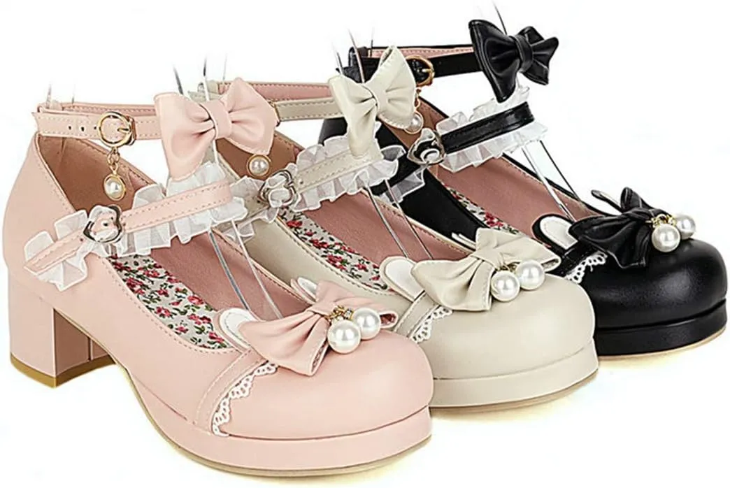 VOKLIN Women's Girls Lolita Mary Janes Shoes Sweet Bow Lace Ankle Strap Mid Heels Cosplay Oxford Dress Pumps