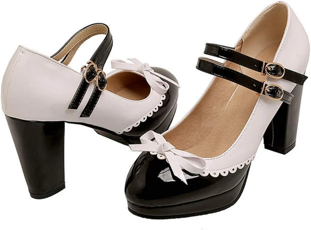 VOKLIN Women's Girls Lolita Platform Ankle Strap Mary Jane Pumps Sweet Bow Block High Heel Oxford Dress Shoes