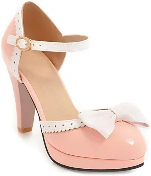 VOKLIN Women's Girls Lolita Platform Ankle Strap Mary Jane Pumps Sweet Bow Block High Heel Oxford Dress Shoes
