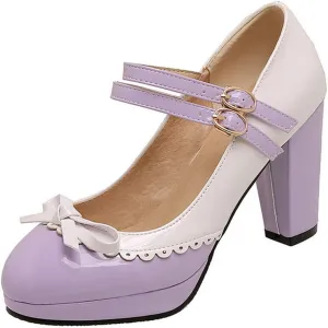 VOKLIN Women's Girls Lolita Platform Ankle Strap Mary Jane Pumps Sweet Bow Block High Heel Oxford Dress Shoes