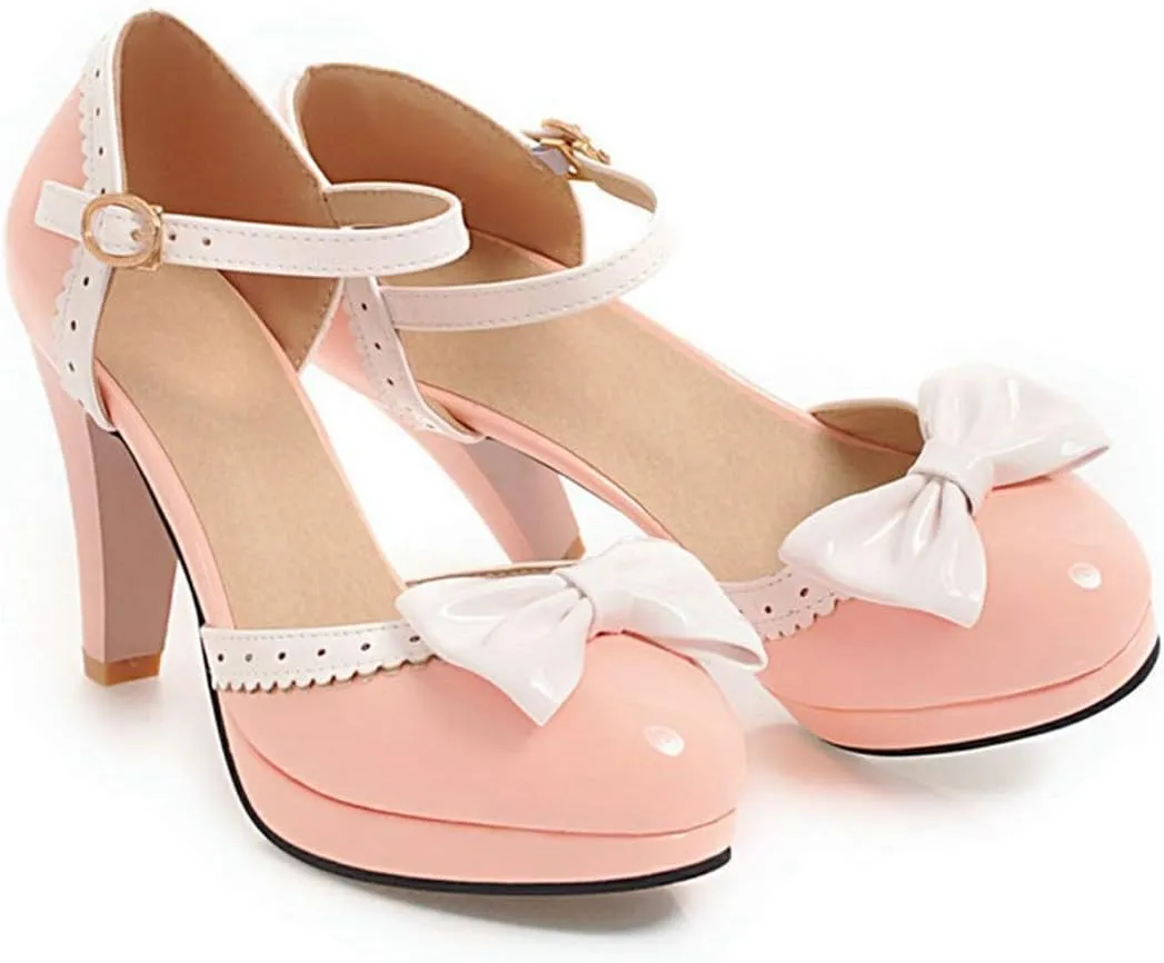 VOKLIN Women's Girls Lolita Platform Ankle Strap Mary Jane Pumps Sweet Bow Block High Heel Oxford Dress Shoes