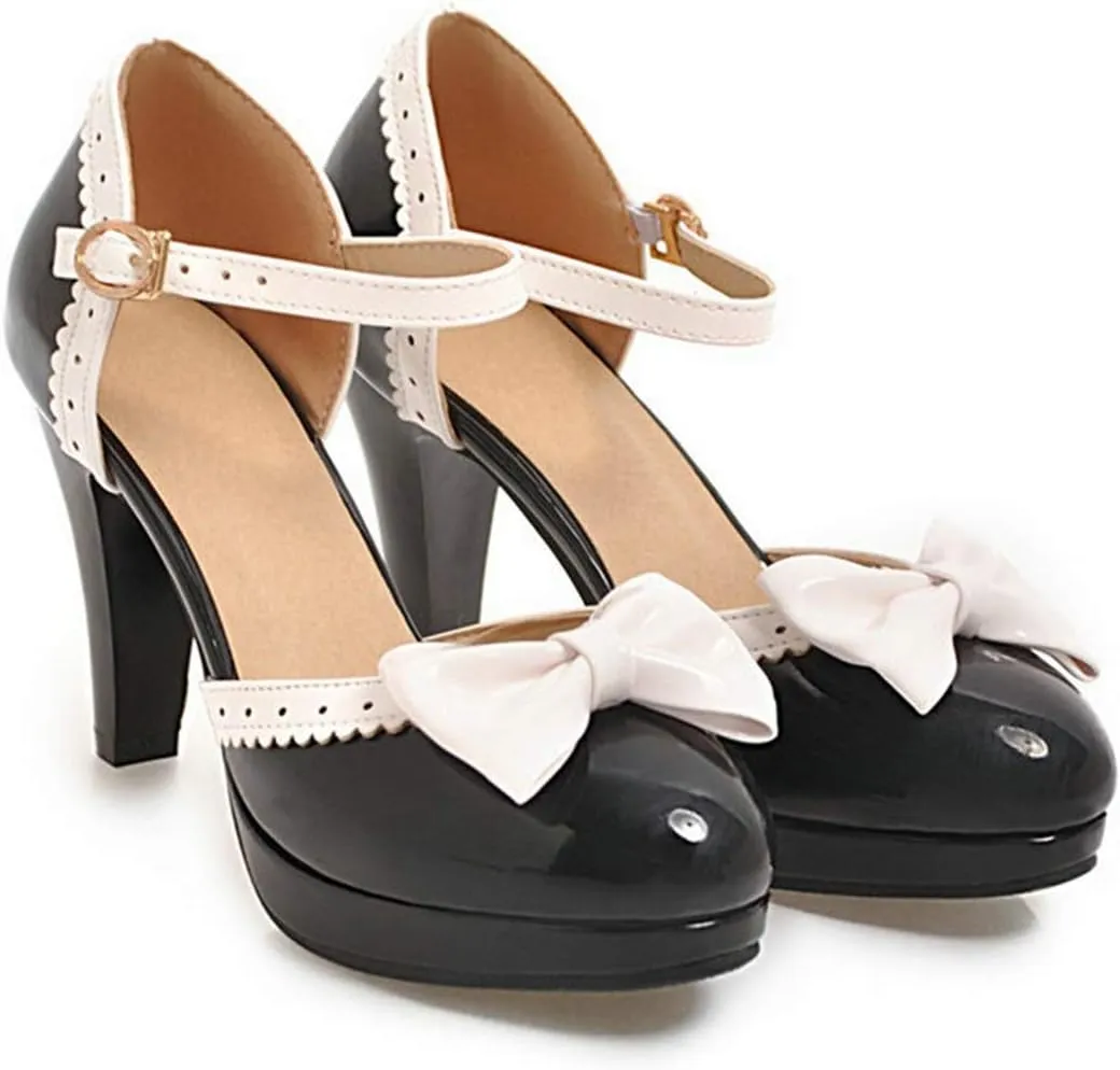 VOKLIN Women's Girls Lolita Platform Ankle Strap Mary Jane Pumps Sweet Bow Block High Heel Oxford Dress Shoes