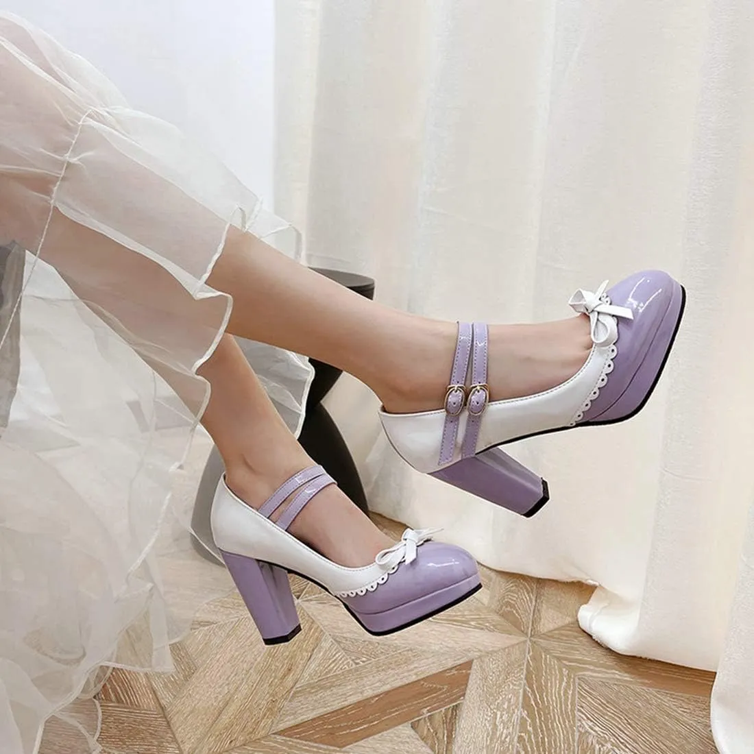 VOKLIN Women's Girls Lolita Platform Ankle Strap Mary Jane Pumps Sweet Bow Block High Heel Oxford Dress Shoes