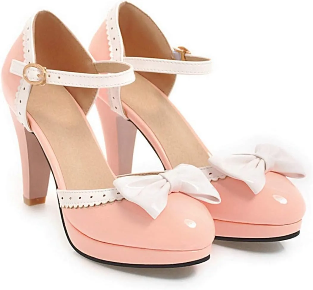 VOKLIN Women's Girls Lolita Platform Ankle Strap Mary Jane Pumps Sweet Bow Block High Heel Oxford Dress Shoes