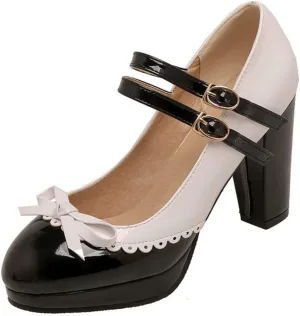 VOKLIN Women's Girls Lolita Platform Ankle Strap Mary Jane Pumps Sweet Bow Block High Heel Oxford Dress Shoes